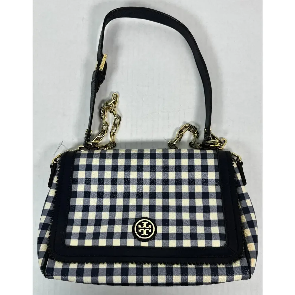Tory Burch Navy White Gingham Chain Shoulder Crossbody Bag